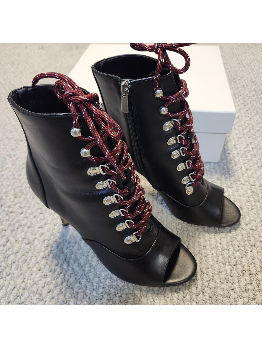 Charles David Charlye Black Leather Open Toe Ankle Boots with Red Laces Size 8.5